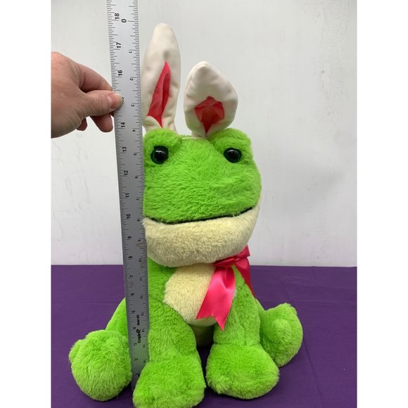 Walmart Green Frog Pink Bow Bunny Ears Easter 14.5 Inch Plastic Eyes Plush Stuff - Picture 10 of 11